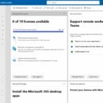 Screenshot of Microsoft 365 admin center dashboard showing tiles for Copilot licenses, Teams setup, and apps; left navigation pane visible.