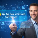 Businessman in suit touching a holographic banner that reads: 'We Are Now a Microsoft CSP Partner!' with Microsoft logo