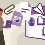 Person standing with a laptop while documents and icons float toward a large purple dashboard, illustrating file sharing/organization.